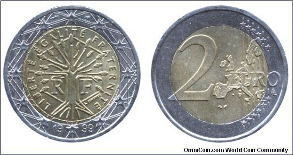 France, 2 euros, 1999, Cu-Ni-Ni-Brass, bi-metallic, 25.75mm, 8.5g.                                                                                                                                                                                                                                                                                                                                                                                                                                                  