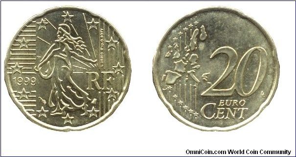 France, 20 euro cents, 1999, Cu-Al-Zn-Sn, 22.25mm, 5.74g.                                                                                                                                                                                                                                                                                                                                                                                                                                                           