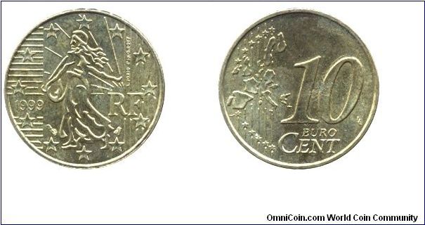 France, 10 euro cents, 1999, Cu-Al-Zn-Sn, 19.75mm, 4.1g.                                                                                                                                                                                                                                                                                                                                                                                                                                                            