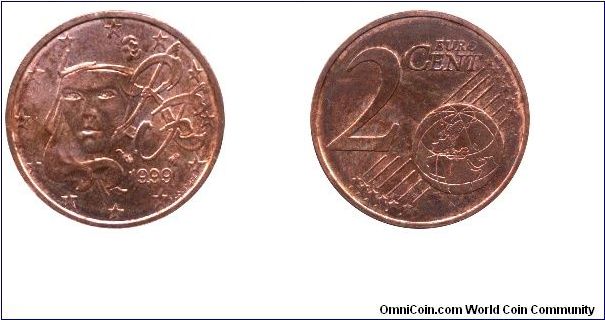 France, 2 euro cents, 1999, Cu-St, 18.75mm, 3.06g.                                                                                                                                                                                                                                                                                                                                                                                                                                                                  