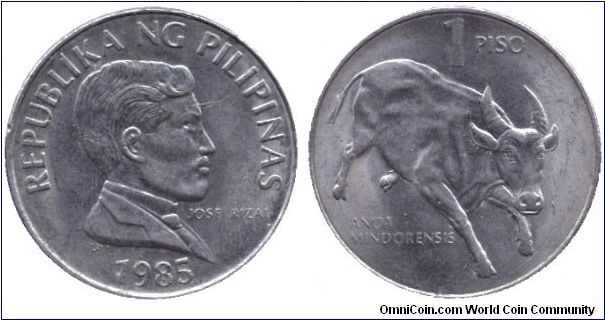 Philippines, 1 piso, 1985, Cu-Ni, Jose Rizai, Anoa Mindorensis.                                                                                                                                                                                                                                                                                                                                                                                                                                                     