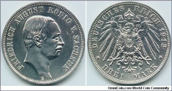 Saxony, 3 mark 1913. King Friedrich August III.