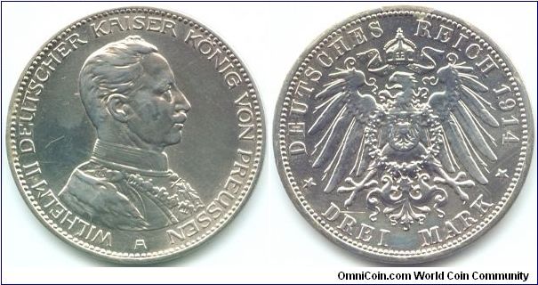 Prussia, 3 mark 1914. 
King Wilhelm II.