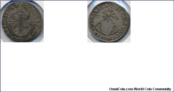 Ecuador 1836 2 Reales - Quito mint - Silver