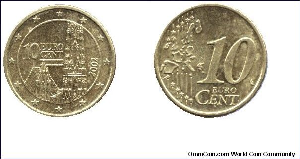 Austria, 10 euro cents, 2002, Cu-Al-Zn-Sn, Stephans Dom.                                                                                                                                                                                                                                                                                                                                                                                                                                                            