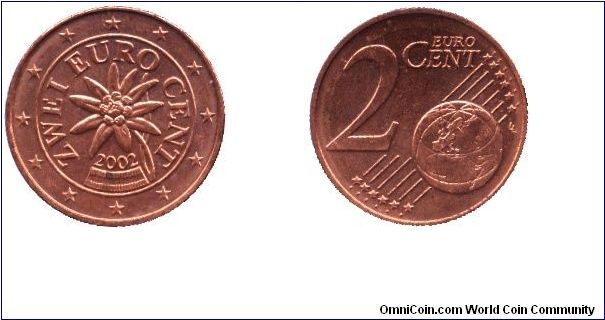 Austria, 2 euro cents, 2002, Cu-St, Edelweiss.                                                                                                                                                                                                                                                                                                                                                                                                                                                                      