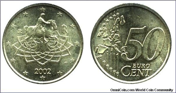 Italy, 50 euro cents, 2002, Cu-Al-Zn-Sn, 24.25mm, 7.8g, MM: R (Rome), Statue of Marcus Aurelius.                                                                                                                                                                                                                                                                                                                                                                                                                    
