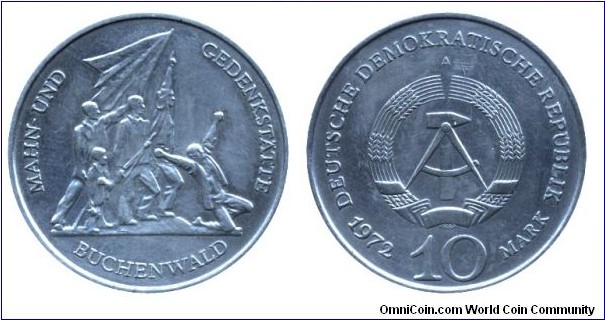 German Democratic Republic, 10 mark, 1972, Cu-Ni, 31mm, MM: A (Berlin), Buchenwald, Mahn und Gedenkstatte.                                                                                                                                                                                                                                                                                                                                                                                                                             