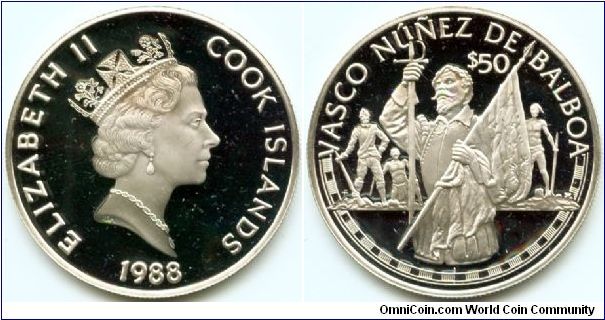 Cook Islands, 50 dollars 1988.
Great Explorers - Vasco Nunez de Balboa.