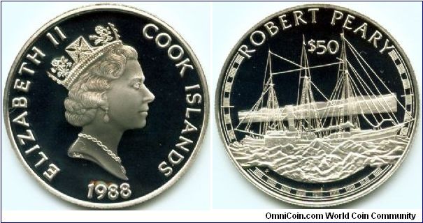 Cook Islands, 50 dollars 1988.
Great Explorers - Robert Peary.