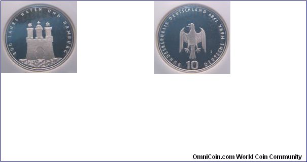 10 mark, 800 Years Port of Hamburg, 1989, NGC PF67 ULTRA CAMEO