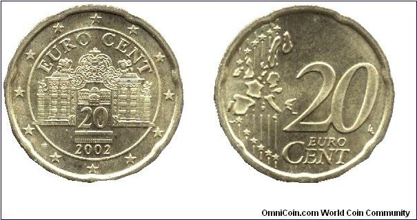 Austria, 20 euro cents, 2002, Cu-Al-Zn-Sn, Belvedere Castle                                                                                                                                                                                                                                                                                                                                                                                                                                                         