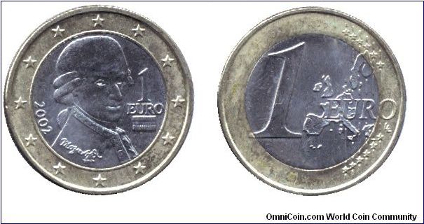 Austria, 1 euro, 2002, Ni-Brass-Cu-Ni, Wolfgang Amadeus Mozart.                                                                                                                                                                                                                                                                                                                                                                                                                                                     