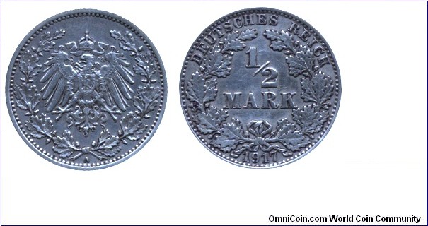 German Empire, 1/2 mark, 1917, Ag, 2.78g, MM: A (Berlin).                                                                                                                                                                                                                                                                                                                                                                                                                                                                                 