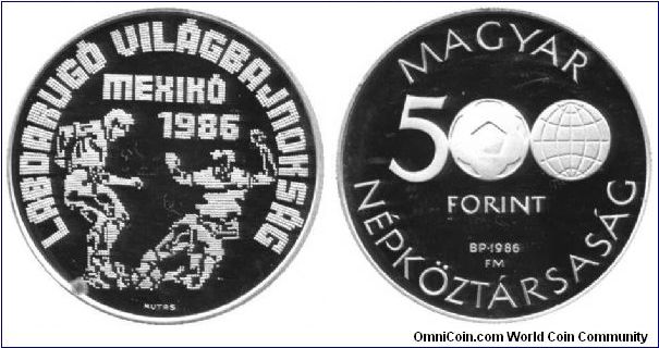 Hungary, 500 forint, 1986, Ag, World Soccer Championship Mexico.                                                                                                                                                                                                                                                                                                                                                                                                                                                    