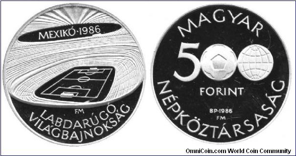 Hungary, 500 forint, 1986, Ag, World Soccer Championship Mexico.                                                                                                                                                                                                                                                                                                                                                                                                                                                    