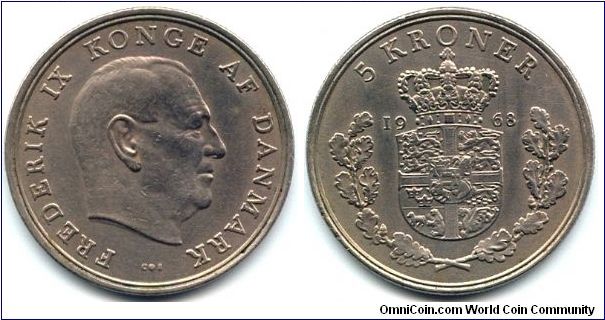 Denmark, 5 kroner 1968.
King Frederik IX.