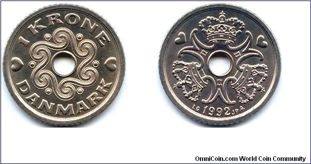 Denmark, 1 krone 1992.