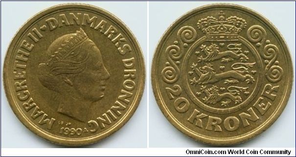 Denmark, 20 kroner 1990.
Queen Margrethe II.