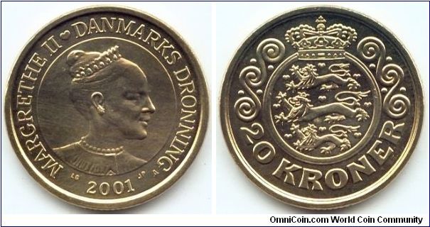 Denmark, 20 kroner 2001. Queen Margrethe II.
