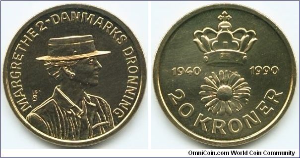 Denmark, 20 kroner 1990. 50th Birthday of Queen Margrethe II.