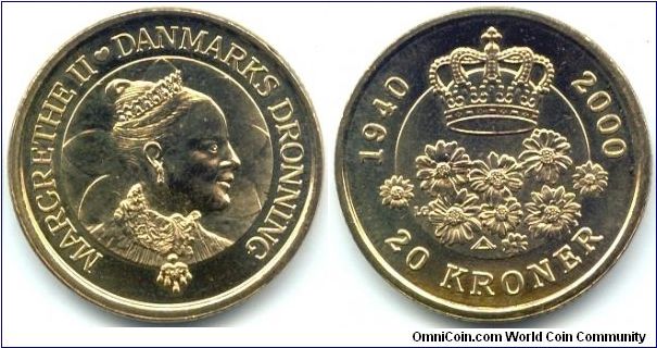 Denmark, 20 kroner 2000.
60th Birthday of Queen Margrethe II.