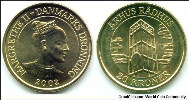 Denmark, 20 kroner 2002. Queen Margrethe II. 
Arhus Tower.