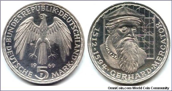 Germany, 5 mark 1969.
375th Anniversary - Death of Gerhard Mercator.