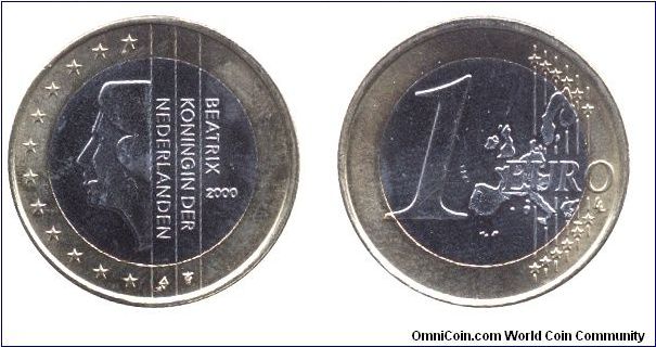 Netherlands, 1 euro, 2000, Ni-Brass-Cu-Ni, bi-metallic, 23.25mm, 7.50g, Queen Beatrix.                                                                                                                                                                                                                                                                                                                                                                                                                              