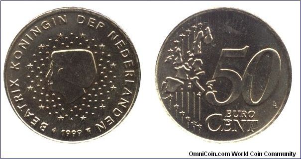 Netherlands, 50 euro cents, 1999, Cu-Al-Zn-Sn, 24.25mm, 7.80g, Queen Beatrix.                                                                                                                                                                                                                                                                                                                                                                                                                                       
