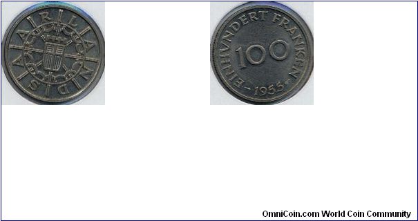 Germany - Saarland - 1955 100 Franken