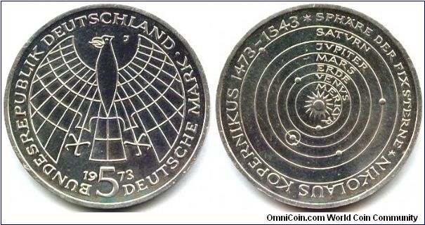 Germany, 5 mark 1973. 
500th Anniversary - Birth of Nicholas Copernicus.