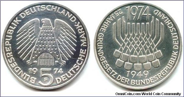 Germany, 5 mark 1974. 
25th Anniversary - Constitutional Law.