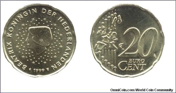 Netherlands, 20 euro cents, 1999, Cu-Al-Zn-Sn, 22.25mm, 5.74g, Queen Beatrix.                                                                                                                                                                                                                                                                                                                                                                                                                                       