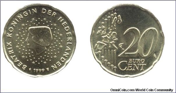 Netherlands, 20 euro cents, 1999, Cu-Al-Zn-Sn, 22.25mm, 5.74g, Queen Beatrix.                                                                                                                                                                                                                                                                                                                                                                                                                                       