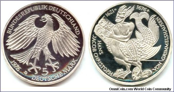 Germany, 5 mark 1976. 
300th Anniversary - Death of Jacob Christoph von Grimmelshausen.