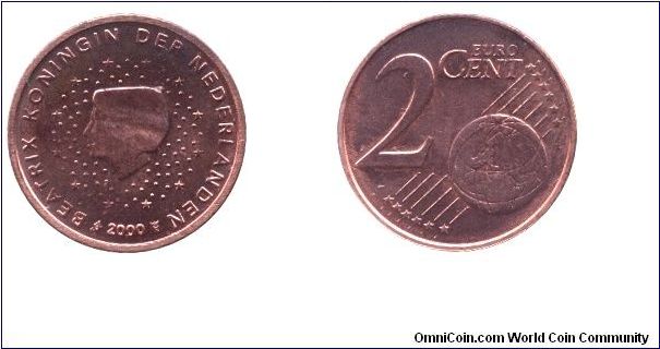 Netherlands, 2 euro cents, 2000, Cu-St, 18.75mm, 3.06g, Queen Beatrix.                                                                                                                                                                                                                                                                                                                                                                                                                                              