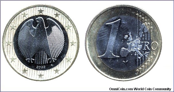 Germany, 1 euro, 2002,  Ni-Brass-Cu-Ni, bi-metallic, 23.25mm, 7.5g, MM: A (Berlin), Eagle.