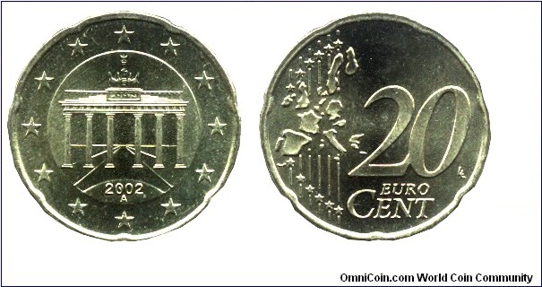 Germany, 20 euro cents, 2002, Cu-Al-Zn-Sn, 22.25mm, 5.74g, MM: A (Berlin), Brandenburger Gate                                                                                                                                                                                                                                                                                                                                                                                                                                                       