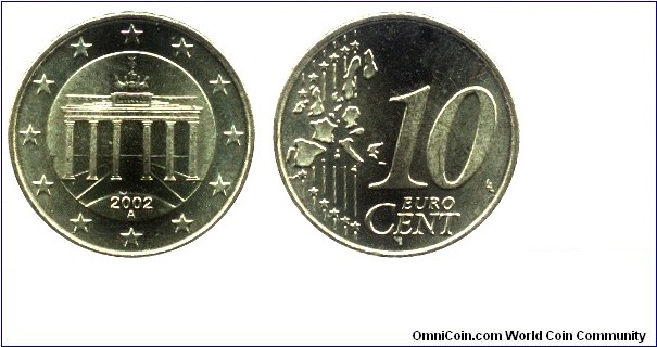 Germany, 10 euro cents, 2002, Cu-Al-Zn-Sn, 19.75mm, 4.1g, MM: A (Berlin), Brandenburger Gate                                                                                                                                                                                                                                                                                                                                                                                                                                                       