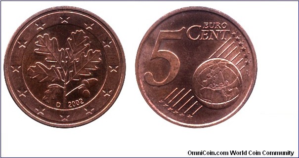 Germany, 5 euro cents, 2002, Cu-St, 21.25mm, 3.92g, MM: D (Munich), Oak twig.                                                                                                                                                                                                                                                                                                                                                                                                                                                                       