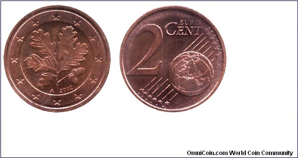 Germany, 2 euro cents, 2002, Cu-St, 18.75mm, 3.06g, MM: A (Berlin), Oak twig.                                                                                                                                                                                                                                                                                                                                                                                                                                                                       