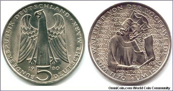 Germany, 5 mark 1980. 
750th Anniversary - Death of Walther von der Vogelweide.