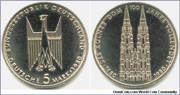 Germany, 5 mark 1980. 
100th Anniversary - Cologne Cathedral.