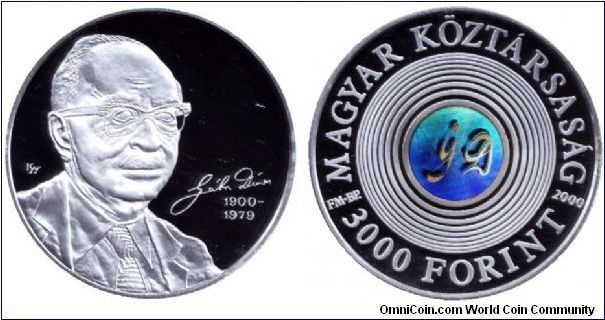 Hungary, 3000 forint, 2000, Ag, hologram coin, Gábor Dénes 1900-1979. Inventor of the hologram.                                                                                                                                                                                                                                                                                                                                                                                                                     