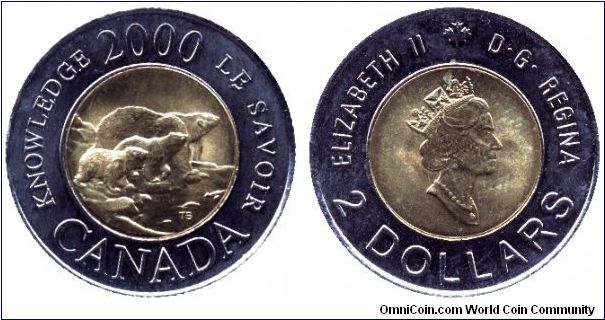 Canada, 2 dollars, 2000, Ni-Cu-Al-Ni, bi-metallic, Knowledge - 2000, Polar bear, Queen Elizabeth II.                                                                                                                                                                                                                                                                                                                                                                                                                