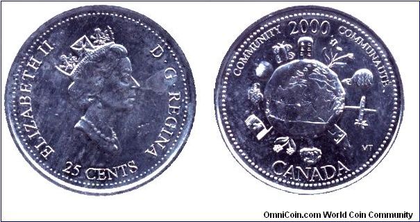 Canada, 25 cents, 2000, Ni, Community - 2000, Elizabeth II. The December 2000 coin, Community, features the work of Michelle Thibodeau from Saint-Jean-sur-Richelieu. Miss Thibodeau's coin design reflects the value of community and the contribution that Canada has made to the global community.                                                                                                                                                                                                               