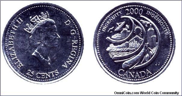 Canada, 25 cents, 2000, Ni, Ingenuity - 2000, Elizabeth II. The February 2000 coin-Ingenuity-features the work of John Jaciw of Windsor, Ontario. The coin celebrates Canadian ingenuity, representing a model society-prosperous farms, innovative cities, rapid safe transportation and an eye toward space.                                                                                                                                                                                                      