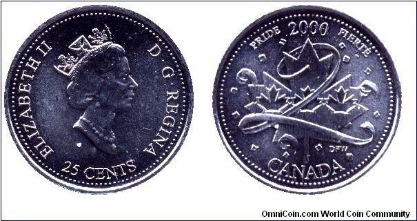 Canada, 25 cents, 2000, Ni, Pride - 2000, Elizabeth II. Canada's first coin of the year 2000 showcases the artistic talents of Winnipeg freelance graphic designer Donald F. Warkentin, whose passion for his country and optimism about its future shines through his inspiring design, Pride. Mr. Warkentin's design honours our country's vibrant character and expresses Canadians' celebration of life, of our people, of peace, stability and a flourishing bounty. It sends a signal, from east to west, that