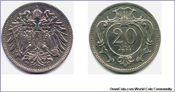 Austria, 20 heller 1911.